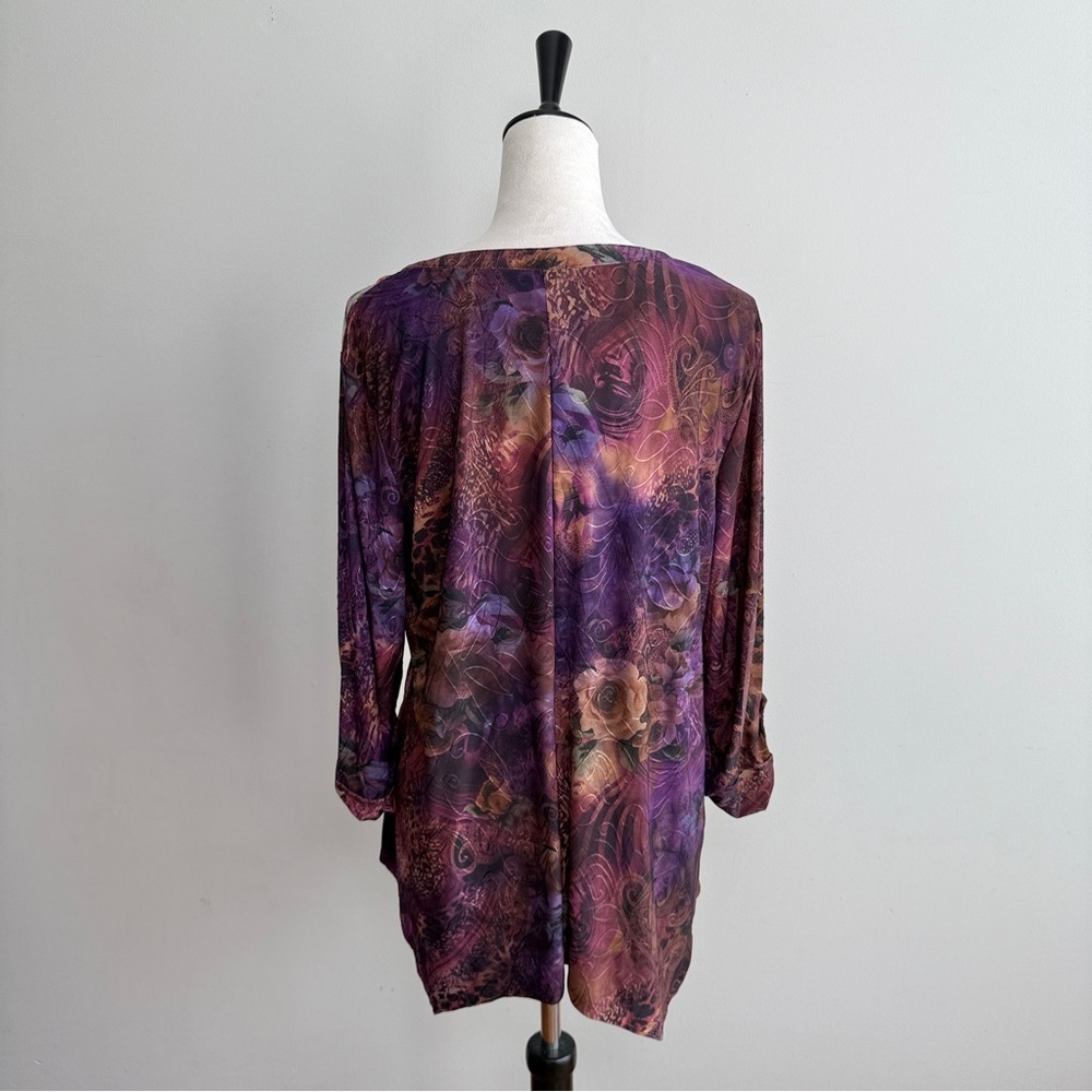 New Direction Top Tunic L Dark Floral Popover Pleated Asymmetrical Whimsigoth - Picture 6 of 6